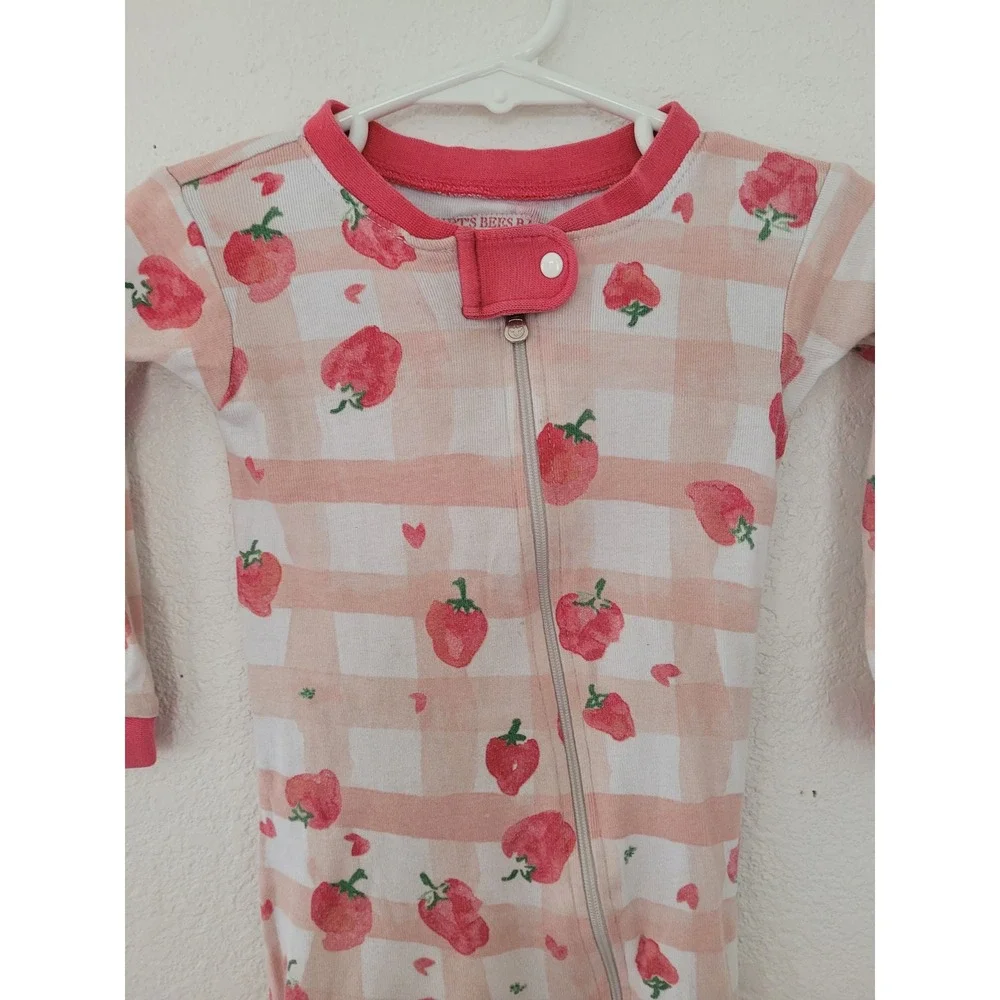 Burt's Bees Baby 12M Strawberry Gingham Organic Cotton Footed Pajamas Pink #2